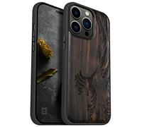 Carveit Coque magnétique pour iPhone 14 Pro Max Personnalisé Gravure Laser Bois Coque de téléphone Antichoc Bumper TPU Compatible avec 14 Pro Max Magsafe Coque (Bois Noir-Vague Kanagawa)