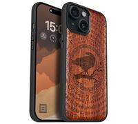 Carveit Coque Magnétique pour iPhone 15 Étui Bois Case de Téléphone Antichoc Bumper TPU Compatible Magsafe 15 Coque Bois Etui (Rosé-Sagesse du Corbeau runique)