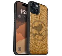 Carveit Coque Magnétique pour iPhone 15 Plus Étui Bois Case de Téléphone Antichoc Bumper TPU Compatible Magsafe 15 Plus Coque Bois Etui (Cerise-Sagesse du Corbeau runique)