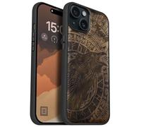 Carveit Coque Magnétique pour iPhone 15 Plus Étui Bois Case de Téléphone Antichoc Bumper TPU Compatible Magsafe 15 Plus Coque Bois Etui (Noyer-Appel du Corbeau runique)