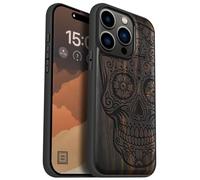 Carveit Coque magnétique pour iPhone 15 Pro Étui Bois Case de téléphone Antichoc Bumper TPU Compatible avec Magsafe 15 Pro Coque Bois Etui (Bois Sombre-Dis de Los Muertos)
