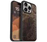 Carveit Coque Magnétique pour iPhone 15 Pro Étui Bois Case de Téléphone Antichoc Bumper TPU Compatible Magsafe 15 Pro Coque Bois Etui (Noyer-Appel du Corbeau runique)