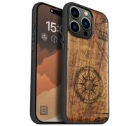 Carveit Coque magnétique pour iPhone 15 Pro Max Étui Bois Case de téléphone Antichoc Bumper TPU Compatible avec Magsafe 15 Pro Max Coque Bois Etui (Noyer-Boussole Pirate Vintage)