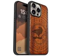 Carveit Coque Magnétique pour iPhone 15 Pro Max Étui Bois Case de Téléphone Antichoc Bumper TPU Compatible Magsafe 15 Pro Max Coque Bois Etui (Rosé-Sagesse du Corbeau runique)