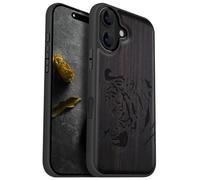 Carveit Coque Magnétique pour iPhone 16 Étui Bois Case de Téléphone Antichoc Bumper TPU Compatible Magsafe 16 Coque Bois Etui (Bois Sombre-Portrait de Tigre Royal)