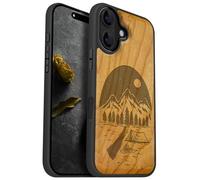 Carveit Coque Magnétique pour iPhone 16 Étui Bois Case de Téléphone Antichoc Bumper TPU Compatible Magsafe 16 Coque Bois Etui (Cerise-Nuit Sauvage)