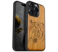 Carveit Coque Magnétique pour iPhone 16 Pro Étui Bois Case de Téléphone Antichoc Bumper TPU Compatible Magsafe 16 Pro Coque Bois Etui (Cerise-Portrait de Tigre Royal)