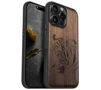 Carveit Coque Magnétique pour iPhone 16 Pro Max Étui Bois Case de Téléphone Antichoc Bumper TPU Compatible Magsafe 16 Pro Max Coque Bois Etui (Noyer-Portrait de Tigre Royal)