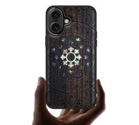 Carveit Coque Magnétique pour iPhone 17 Étui, Gravure en Bois et Incrustation de Coquille Cover Compatible Magsafe avec Apple 17 Coque (Bois Sombre-Fleurs de Mandalas)