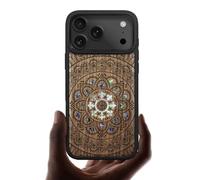 Carveit Coque Magnétique pour iPhone 17 Pro Étui, Gravure en Bois et Incrustation de Coquille Cover Compatible Magsafe avec Apple 17 Pro Coque (Noyer-Fleurs de Mandalas)