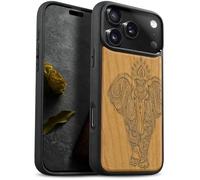 Carveit Coque Magnétique pour iPhone 17 Pro Max Étui Bois Case de Téléphone Antichoc Bumper TPU Compatible Magsafe 17 Pro Max Coque Bois Etui (Cerise-Éléphant Lotus Indien)