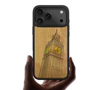 Carveit Coque Magnétique pour iPhone 17 Pro Max Étui, Gravure en Bois et Incrustation de Coquille Cover Compatible Magsafe avec Apple 17 Pro Max Coque (Cerise-Big Ben de Londres)