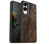 Carveit Coque Magnétique pour Samsung S25 Edge Étui Bois Case de Téléphone Antichoc Bumper TPU Compatible Magsafe Galaxy S25 Edge Etui (Noyer-Appel du Corbeau Runique)