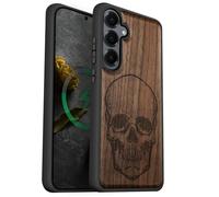 Carveit Coque Magnétique pour Samsung S25 Plus Étui Bois Case de Téléphone Antichoc Bumper TPU Compatible Magsafe Galaxy S25 Plus Etui (Noyer-Crâne Ombragé)