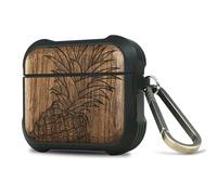 Carveit Coque pour AirPods 4 Génération (2024) (USB-C), Étui de Protection pour AirPods 4ᵉ avec Unique Etui en Bois et TPU, avec Titane Mousqueton (Noyer-Art des Fruits à l'ananas)