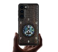 Carveit Coque pour Galaxy S23 Étui Bois [Gravure en Bois et Incrustation de Coquille] Luxe et personnalité Compatible avec Samsung S23 Artistique Etui (Bois Sombre-Thors Hammer)