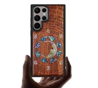 Carveit Coque pour Galaxy S24 Ultra Étui Bois [Gravure en Bois et Incrustation de Coquille] Luxe Cover Compatible avec Samsung S24 Ultra 5G Etui (Rosé-Énigme Manuscrite)