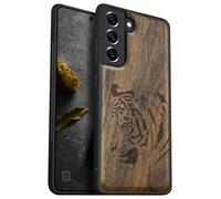 Carveit Coque pour Samsung S22 Étui de Bois [Pare-Chocs en TPU Souple] Case de Téléphone Antichoc Compatible avec Galaxy S22 Etui Bois (Noyer-Portrait de Tigre Royal)