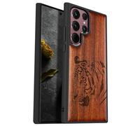 Carveit Coque pour Samsung S22 Ultra Étui de Bois [Pare-Chocs en TPU Souple] Case de Téléphone Antichoc Compatible avec Galaxy S22 Ultra Etui Bois (Rosé-Portrait de Tigre Royal)