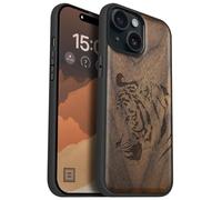 Carveit Étui Magnétique pour iPhone 15 Coque Bois Cover, Bois Etui de Téléphone Antichoc Compatible Magsafe avec Apple 15 Case (Noyer-Portrait de Tigre Royal)