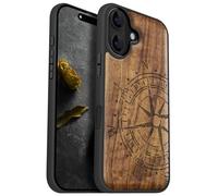 Carveit Étui Magnétique pour iPhone 16 Coque Bois Cover, Bois Etui de Téléphone Antichoc Compatible Magsafe avec Apple 16 Case (Noyer-Vieille Boussole en Lambeaux)