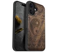 Carveit Étui Magnétique pour iPhone 16 Coque Bois Cover, Bois Etui de Téléphone Antichoc Compatible Magsafe avec Apple Magsafe 16 Case (Noyer-Le Soleil et la Lune Yin Yang)