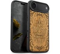 Carveit Étui Magnétique pour iPhone 17 Air Coque Bois Cover, Etui de Téléphone Antichoc Compatible Magsafe avec Apple iPhone Air Case (Cerise-Masque Infernal)