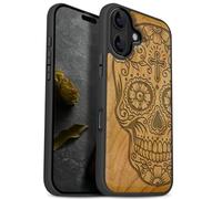 Carveit Étui Magnétique pour iPhone 17 Coque Bois Cover, Bois Etui de Téléphone Antichoc Compatible Magsafe avec Apple 17 Case (Cerise-Dis de Los Muertos)