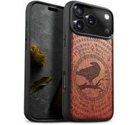 Carveit Étui Magnétique pour iPhone 17 Pro Coque Bois Cover, Etui de Téléphone Antichoc Compatible Magsafe avec Apple 17 Pro Case (Rosé-Sagesse du Corbeau runique)