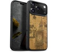 Carveit Étui Magnétique pour iPhone 17 Pro Max Coque Bois Cover, Etui de Téléphone Antichoc Compatible Magsafe avec Apple 17 Pro Max Case (Cerise-Big Ben au Milieu du Journal)
