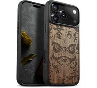 Carveit Étui Magnétique pour iPhone 17 Pro Max Coque Bois Cover, Etui de Téléphone Antichoc Compatible Magsafe avec Apple 17 Pro Max Case (Noyer-Tête de Danse du Lion Chinois)