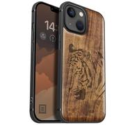 Carveit Étui Magnétique pour iPhone iPhone 13 Mini Coque Bois Cover, Bois Etui de Téléphone Antichoc Compatible Magsafe avec Apple 13 Mini Case (Noyer-Portrait de Tigre Royal)
