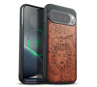 Carveit Étui Magnétique pour Pixel 10 Pro XL Coque Bois Cover, Bois Etui de Téléphone Antichoc Compatible Magsafe avec Google Pixel 10 Pro XL Case (Rosé-Enigme de méduse)