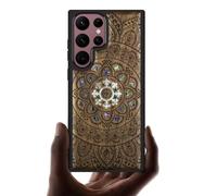 Carveit Etui pour Galaxy S22 Ultra de Coque [Gravure en Bois et Incrustation de Coquille] Œuvre d'art Unique Compatible avec Samsung S22 Ultra Étui (Noyer-Fleurs de Mandalas)