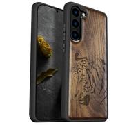 Carveit Etui pour Galaxy S23 Coque [Gravure Laser Bois] Souple TPU Silicone de Téléphone Compatible avec Samsung S23 Étui (Noyer-Portrait de Tigre Royal)