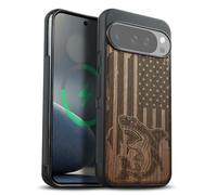 Carveit Magnétique Coque pour Google Pixel 10/10 Pro Étui Bois [Pare-Chocs en TPU Souple] Case de Téléphone Compatible Magsafe Pixel 10/10 Pro Coque (Noyer-Attaque de Requin Patriotique)