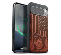 Carveit Magnétique Coque pour Google Pixel 10 Pro XL Étui Bois [Pare-Chocs en TPU Souple] Case de Téléphone Compatible Magsafe Pixel 10 Pro XL Coque (Rosé-Attaque de Requin Patriotique)