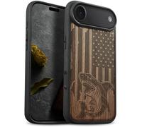 Carveit Magnétique Coque pour iPhone 17 Air Étui [Antichoc Pare-Chocs en TPU Souple] Bois Case de Téléphone Compatible Magsafe iPhone Air Coque (Noyer-Attaque de Requin Patriotique)