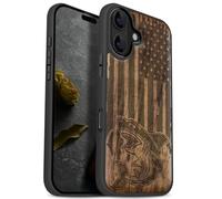 Carveit Magnétique Coque pour iPhone 17 Étui [Antichoc Pare-Chocs en TPU Souple] Bois Case de Téléphone Compatible Magsafe 17 Coque (Noyer-Attaque de Requin Patriotique)