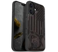 Carveit Magnétique Coque pour iPhone 17 Étui [Antichoc Pare-Chocs en TPU Souple] Bois Case de Téléphone Compatible Magsafe 17 Coque (Bois Sombre-Attaque de Requin Patriotique)