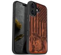 Carveit Magnétique Coque pour iPhone 17 Étui [Antichoc Pare-Chocs en TPU Souple] Bois Case de Téléphone Compatible Magsafe 17 Coque (Rosé-Attaque de Requin Patriotique)