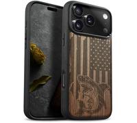 Carveit Magnétique Coque pour iPhone 17 Pro Étui [Antichoc Pare-Chocs en TPU Souple] Bois Case de Téléphone Compatible Magsafe 17 Pro Coque (Noyer-Attaque de Requin Patriotique)