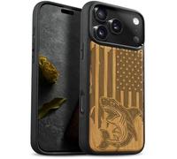 Carveit Magnétique Coque pour iPhone 17 Pro Étui [Antichoc Pare-Chocs en TPU Souple] Bois Case de Téléphone Compatible Magsafe 17 Pro Coque (Cerise-Attaque de Requin Patriotique)