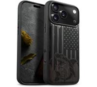 Carveit Magnétique Coque pour iPhone 17 Pro Max Étui [Antichoc Pare-Chocs en TPU Souple] Bois Case de Téléphone Compatible Magsafe 17 Pro Max Coque (Bois Sombre-Attaque de Requin Patriotique)