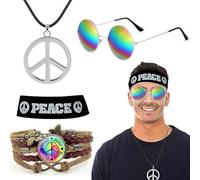 CARxlythic 4 Costumes Hippie, Accessoires De Paix Avec Bandeau, Lunettes De Soleil, Collier, Bracelet, AnnéEs 60 Et 70, Accessoires De Costume RéTro Pour Homme Et Femme, Carnaval, FêTe à ThèMe