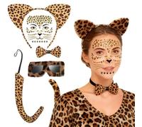 CARxlythic 5 Pièces Ensemble de Costumes Léopard, Autocollants Visage Léopard Oreilles Leopard Queue Noeud Papillon pour Halloween Carnaval Costume Fête Anniversaire