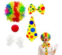 CARxlythic 5 Stück Clown Set, 5-Teiliges Clown KostüM Set Mit Bunter -PerüCke,Nase, Fliege, Krawatte und Handschuhen, Kostüm Damen,Halloween Kostüm Herren, Zirkus ZubehöR