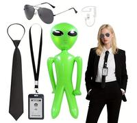 CARxlythic Ensemble d'accessoires de costume d'agent, kit de tenue de garde secrète avec lunettes de soleil, écouteurs, cravates, carte d'identité, extraterrestres verts gonflables pour homme et femme