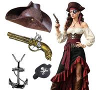 CARxlythic Ensemble D'accessoires Pour Costume Pirate, Accessoires Vintage, Chapeau Pirate, Cache-œil, Pistolet Pirate, Collier, Ensemble Capitaine Pour Halloween, Décoration Fête Pirate