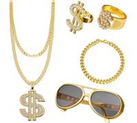 CARxlythic Ensemble de 5 costumes Hip Hop, Rappeur Accessoire Annee 80/90, Dollar Collier, Anneaux, Lunettes de soleil, Bracelet, Fête, Carnaval, Cosplay et Concert (Style Rétro Rappeur)